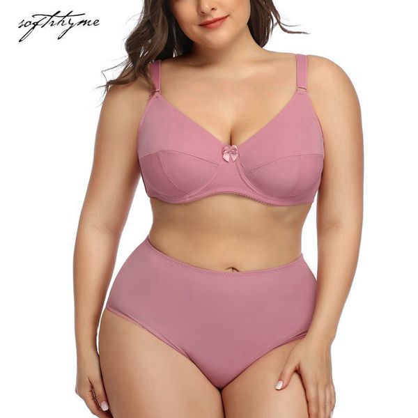 Softrhyme Plus Size Set intimo confortevole Coppa piena Reggiseno sottile Con ferretto Bralette Mutandine senza soluzione di continuità Set reggiseno Set LJ201031