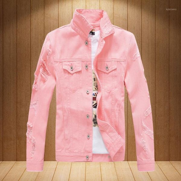 

mens streetwear denim jackets korean fashion men's hip hop ripped jeans jacket coat men brand clothing black white red pink xxxl1, Black;brown