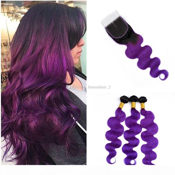

ombre virgin hair 1b purple 3 bundles with lace closure peruvian 1b purple ombre body wave human hair weaves with 4*4 closure, Black;brown