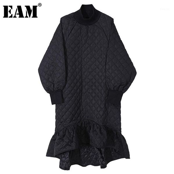 

eam] women black diamond cotton ruffles dress new turtleneck long sleeve loose fit fashion tide autumn winter 2020 1dd16631, Black;gray