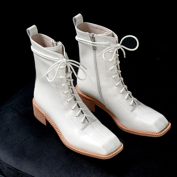 

2021 new popular ankle genuine leather platforms woman shoes winter cross-tied martin boots zip7, Black