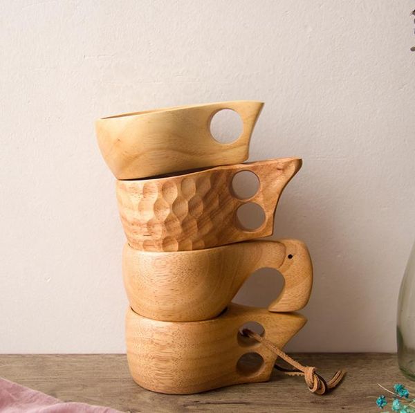 Stile nordico 4 tipi Tazze da tè in legno di gomma Tazza con manici Kuksa Tazze da caffè in legno con corda Due fori Bottiglie di acqua potabile portatili fatte a mano SN4367