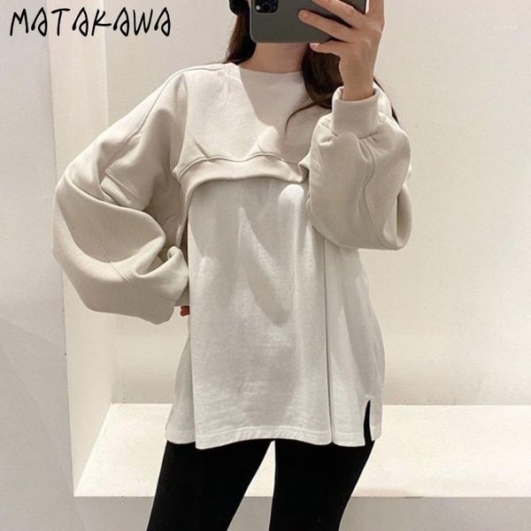 

matakawa casual solid o-neck patchwork sweatshirt women korea autumn and winter 2020 fake two-piece hoodies, Black