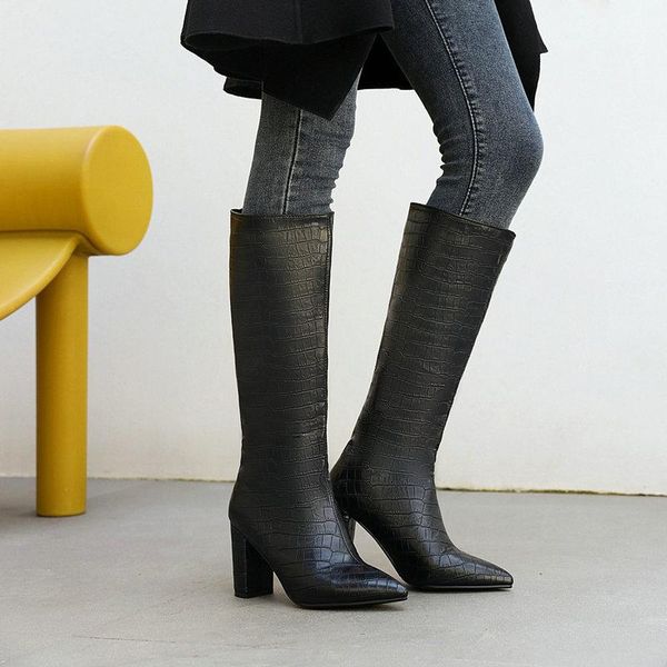 

round toe lady boots thigh high heels high pointe shoes stiletto over-the-knee pointy mid calf low knee, Black