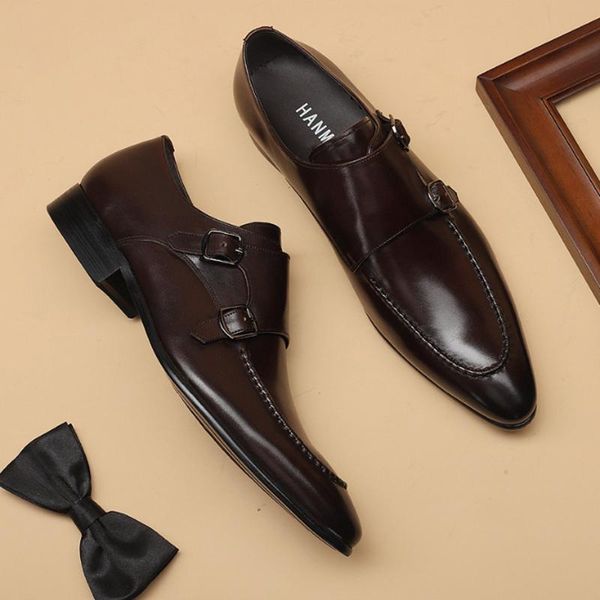 

2021 new large size men's shoes fashion trend business handmade first layer cowhide shoes british monk men's, Black