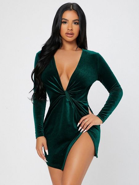 

petite twist front wrap velvet dress k3ae#, Black;gray