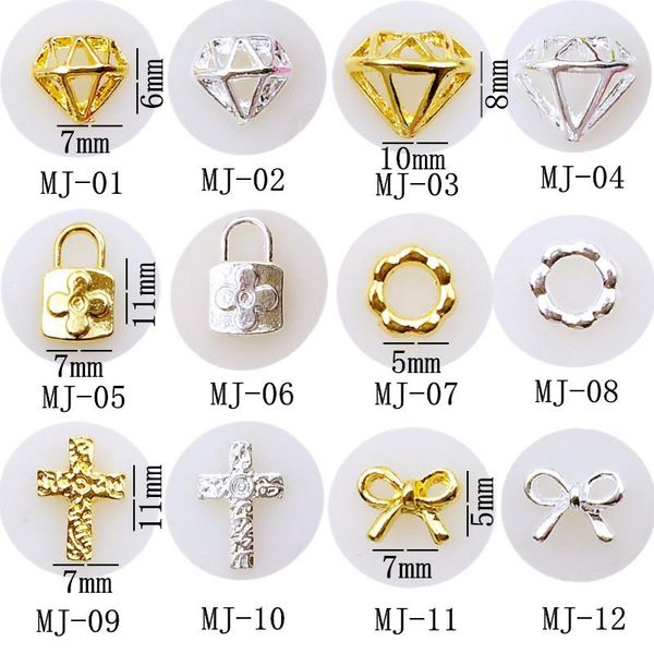 

nail art decorations 50pcs/pack metal hollow triangle lock loop cross bow-knot for 3d jewelry nails sticker decoration tools, Silver;gold