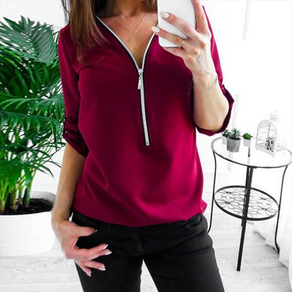 

v neck women shirts autumn blouse zipper casual shirts mujer plus size 4xl blusas mujer de moda 2019, White