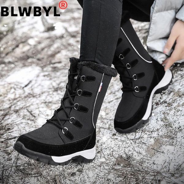 

2020 new trekking outdoor midcalf boots fashion microfiber women's boots shoes woman hiking winter warm plush women snow boots #7c06, Black