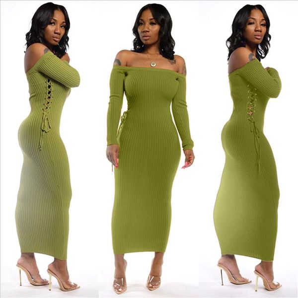

autumn off shoulder knit sweater long dress side grommet slim bodycon dresses women party club outfits vestidos, Black;gray