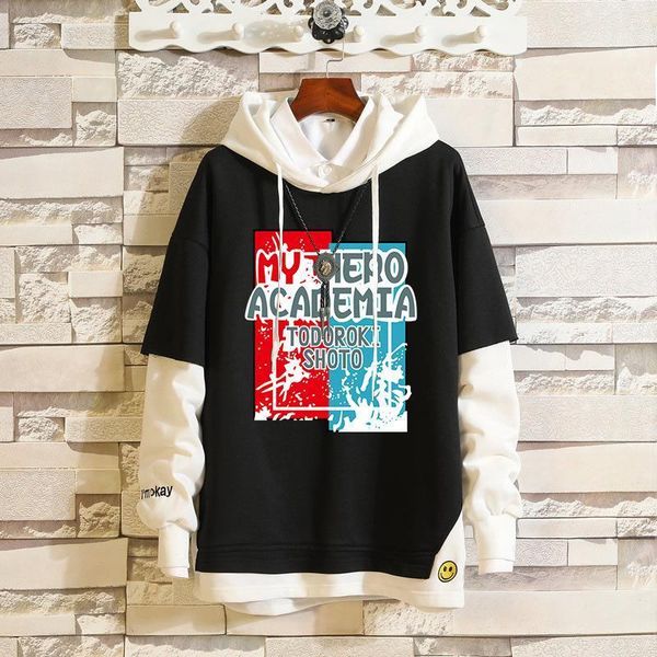 

my boku no hero academia midoriya izuku todoroki s hoodies pullover sweatshirts fake two piece cosplay costume hoodie, Black