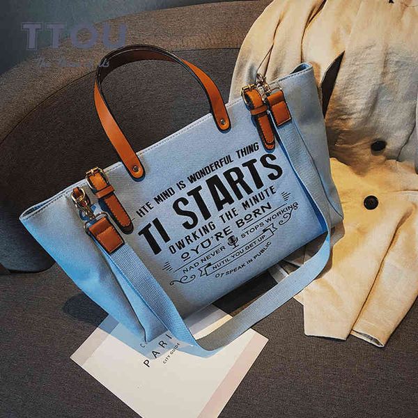 

shopping bags large capacity women canvas tote ladies messenger crossbody solid shoulder fashion female handbag letter printing 220310