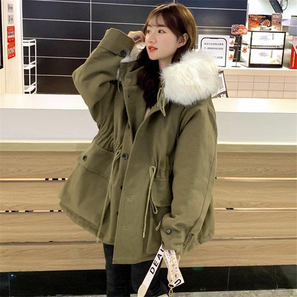 

hooded autumn winter jacket casual korean loose thick plus fleece tooling drawstring waist cotton clothes padded warm coat y6211, Black