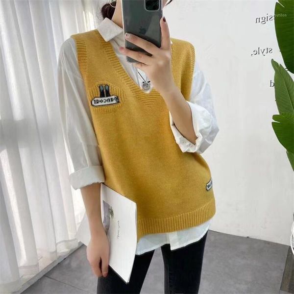 

women's vests 2021 casual spring cartoon animal vest women's fashion v neck cashmere sleeveless knitted lovely korean waistcoat1, Black;white