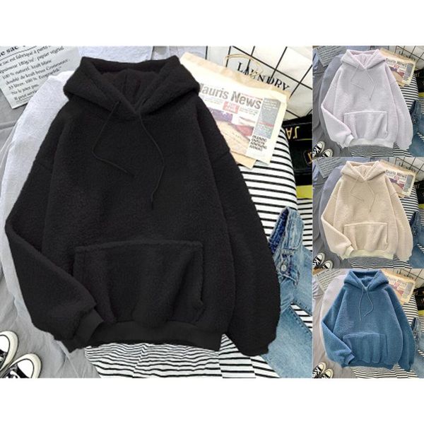 

women autumn plush hoodies fashion new hooded drawstring pockets solid sweatshirt casual lady loose long sleeve pullover, Black