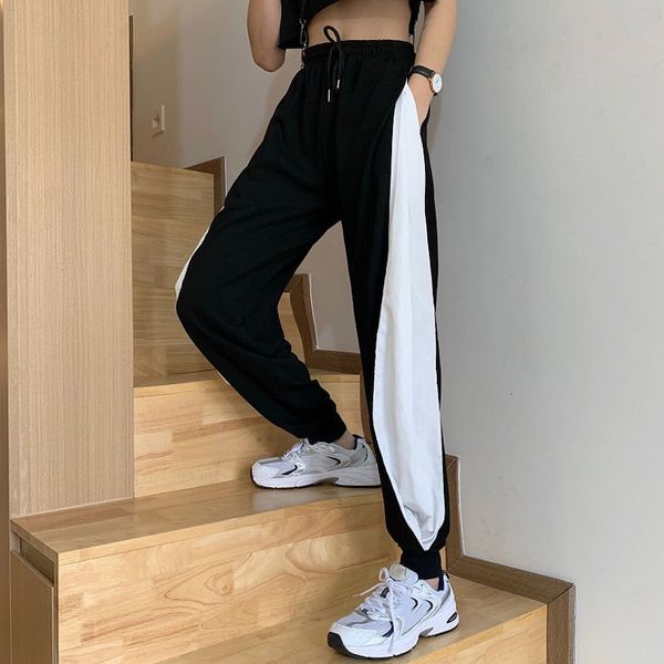 

2021 new strained black form the loose jogging will see elastic waistline drawstring women's pants streetwear hnw1, Black;white