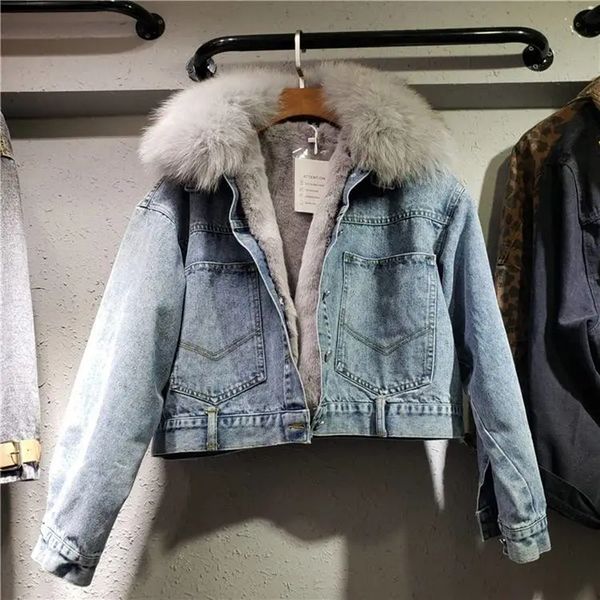 

streetwear removable thick fur collar short jean female winter big pocket loose denim single breasted jacket, Blue