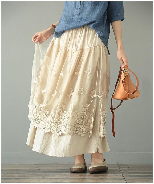 

skirts womens 2021 embroidery floral elastic waist solid skirt, Black
