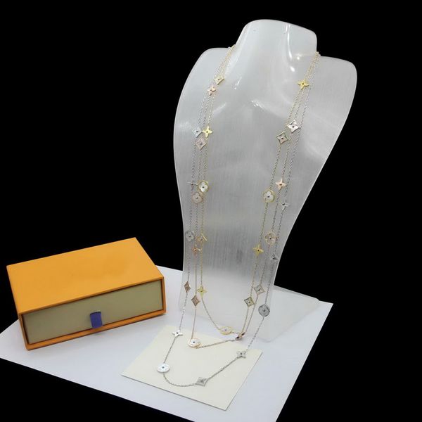 

europe america style lady women titanium steel v initials long necklace sweater chain with 11 motifs mother of pearl malachite flower charm, Silver