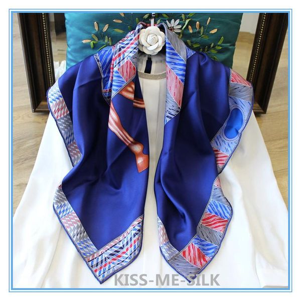 

KMS Latest New Horse twill silk square scarf shawl mulberry silk scarf shawl for Girl Lady Women 90*90CM/50G, Blue;gray