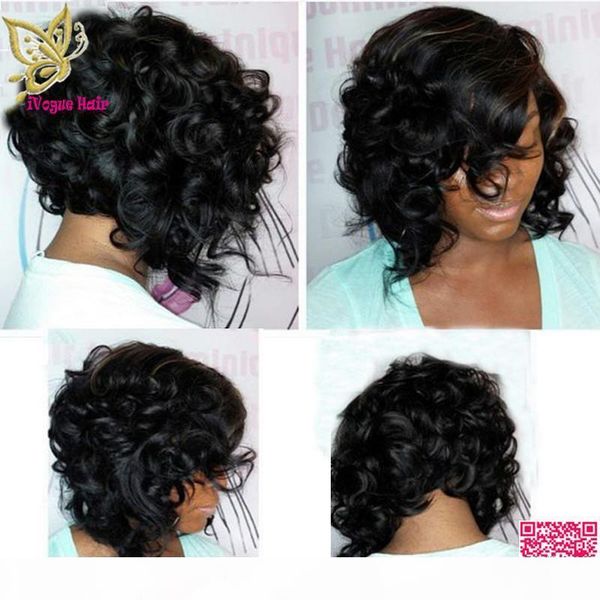 

short human hair lace front wigs loose curly malaysian unprocessed human hair full lace wigs with side bangs & baby hair, Black;brown