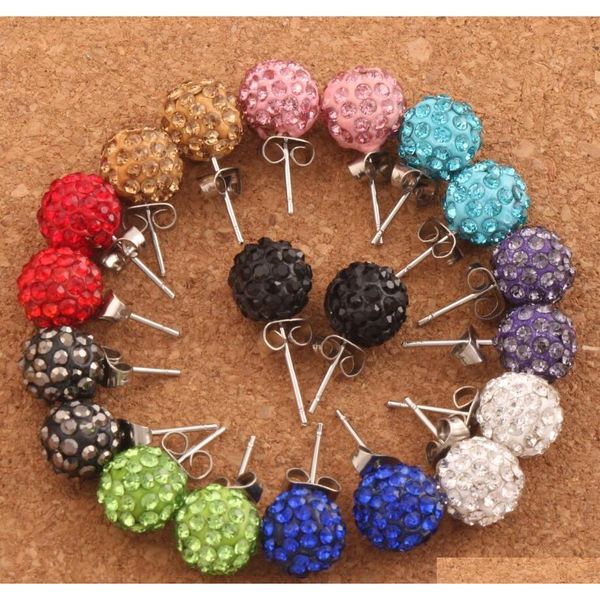 

30pairs/lot 10mm pave disco ball round beads czech crystal studs 10colors new earrings hip hop jne4t, Golden;silver