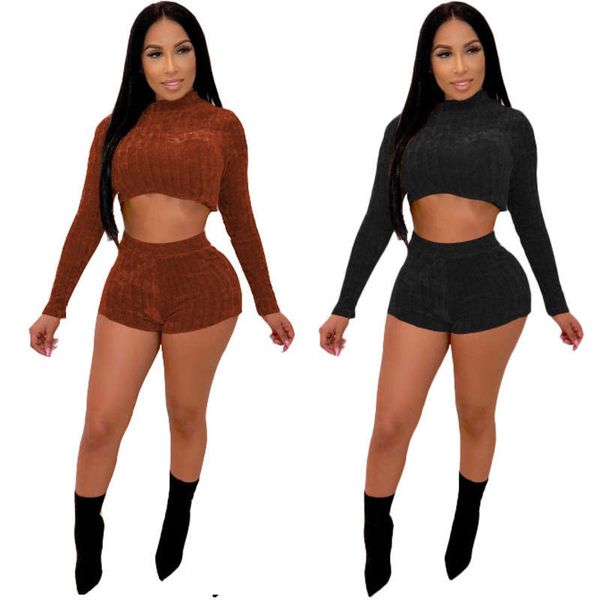 

s3462 autumn winter suit knitting leisure sports two piece long sleeve pullover shorts set for women, Gray