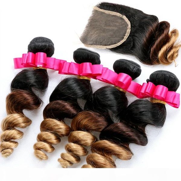 

5pcs lot honey blonde ombre brazilian hair with closure three tone 1b 4 27 loose wave ombre hair 4 bundles with lace closure, Black