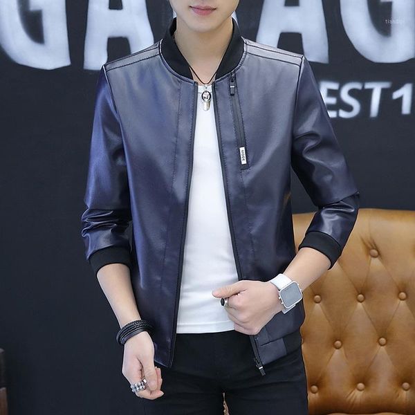 

new men's autumn and winter fashion washed solid color stand-up collar leather jacket jacket1, Black