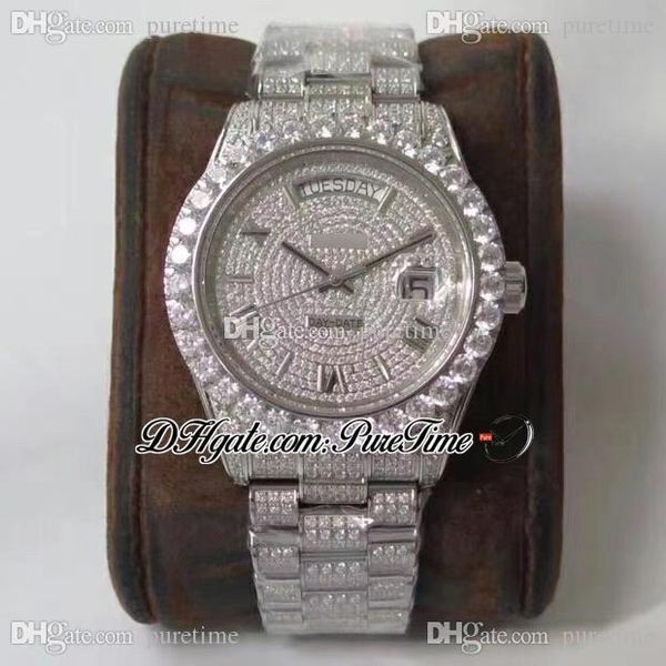 

2021 twf day-date 40 228349 eta a2836 automatic mens watch 904l ss full paved diamonds and bracelet roman markers edition puretime b2, Slivery;brown