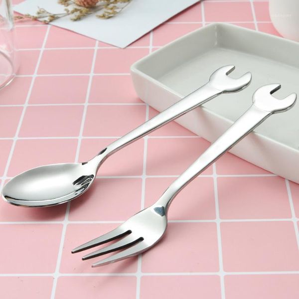 

flatware sets wrench shape tableware spoon fork home kitchen stainless steel handle dishwasher travel kid dinnerware #451