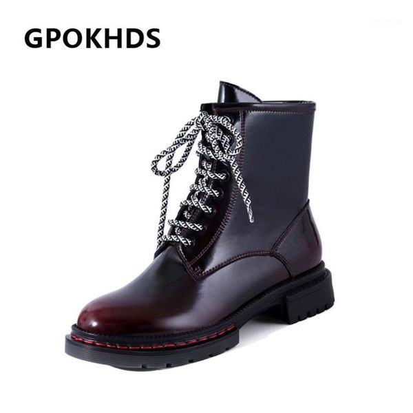 

boots gpokhds 2021 women ankle cow leather winter short plush round toe lace-up med heels female riding size 421, Black