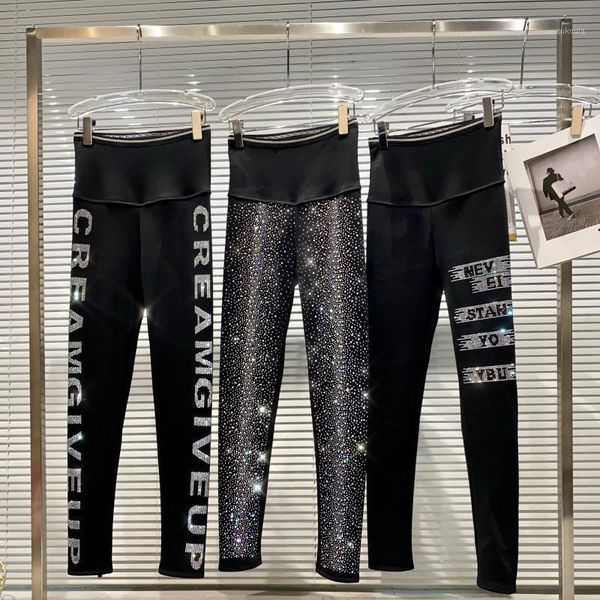 

2020 new rhinestone letter map rhinestone elastic inner plus velvet high waist pants women 11011, Black;white