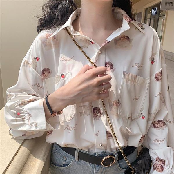 

luzuzi harajuku angel print women shirt vintage elegant 2020 fashion womens blouses lantern sleeve female loose bf shirt top, White