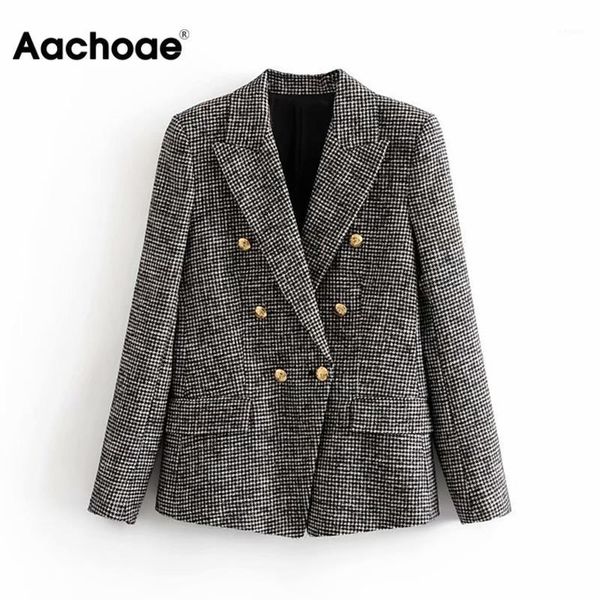 

aachoae women tweed plaid blazers suits notched neck houndstooth jacket double breasted pockets fashion coat female chaquetas1, White;black