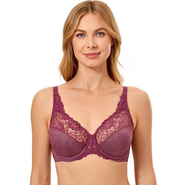 

women's plus size full coverage underwire unlined minimizer floral lace bra1, Red;black
