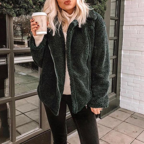 

winter women warm coat zipper jacket ladies fleece coat jacket elegant female long sleeve streetwear womens outerwear1, Black