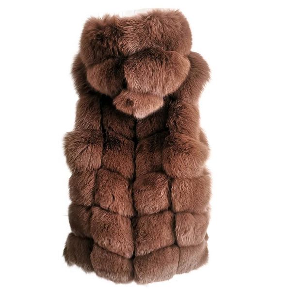 

real fur gilet hooded 70cm long ladies fashion thick winter sleeveless waistcoat women genuine fur vest with hood, Black