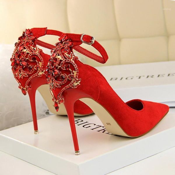 

koovan women's wedding pumps 2020 new elegant crystal pointed toe shoe solid flock buckle shallow high heels shoes for women1, Black