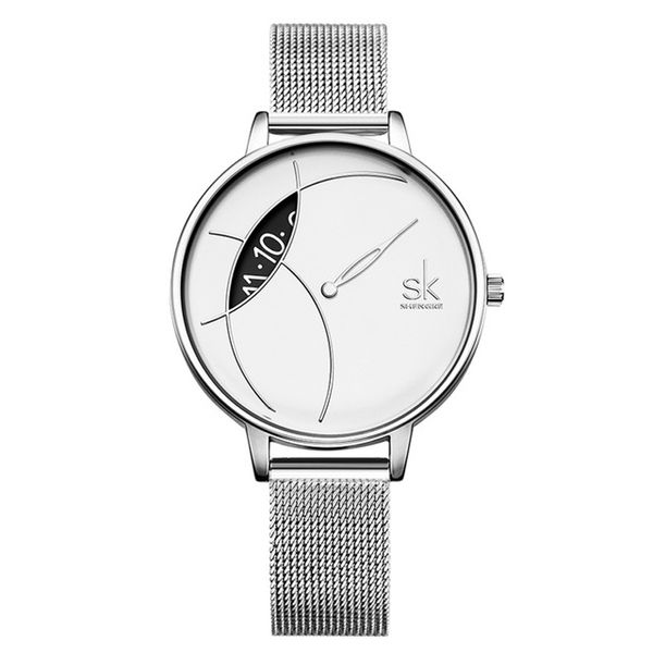 Reloj de pulsera SHENGKE con movimiento de cuarzo para mujer 001, esfera ultrafina, correa de acero inoxidable, correa de malla plateada y negra, reloj para mujer