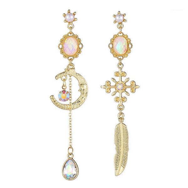 

Pearl Crystal Zircon Pendant Earrings Woman Feather Moon Fashion Baroque Accessories Party Jewelry Gift Birthday Girl1, Golden;silver