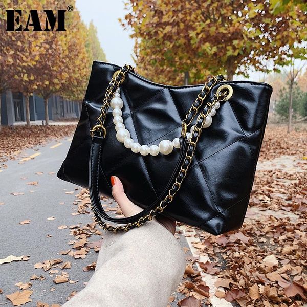 

shoulder bags [eam] women black pearls chains argyle pu leather personality all-match crossbody bag fashion tide 2021 18a0691