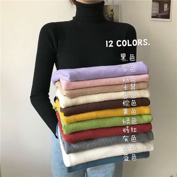

11 color quality core spun yarn bottoming shirt autumn winter versatile high neck sweater slim knit woman, White;black