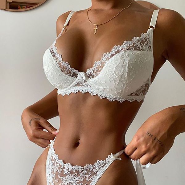 

2021 women's new lace lace embroidery stitching perspective bow underwear transparent bra white set lingerie c1211, Black;white