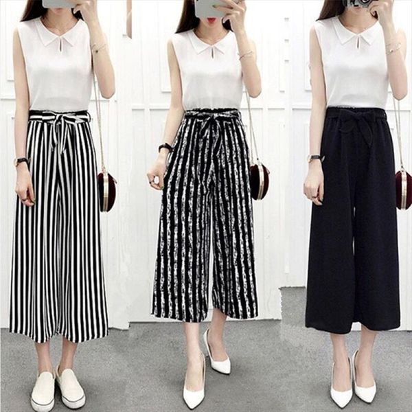

2020 womens wide leg high waist casual summer thin pants loose culottes trousers bfj55 drop shipping, Black;white