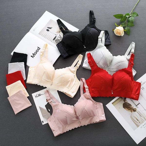 

glossy satin wireless bra set summer women underwear women ruffled bra + ice silk briefs set, Red;black