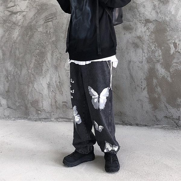 

men's jeans black for men 2021 autumn winter butterfly printing with chain straight tube fashion casual streetwear wide leg pants, Blue