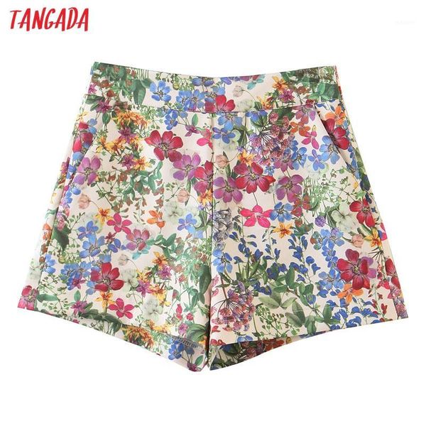 

tangada women elegant floral print shorts zipper pockets female retro pocket casual shorts pantalones sl5721, White;black