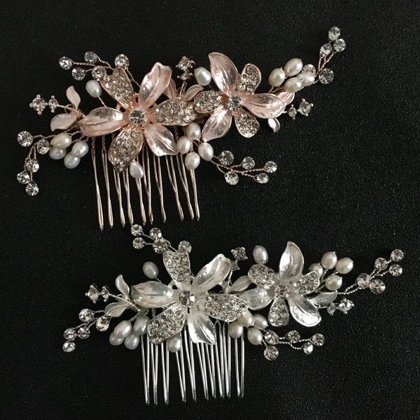 

slbridal handmade rhinestones crystal freshwater pearls flower wedding hair comb bridal headdress hair accessories women jewelry, Golden;silver