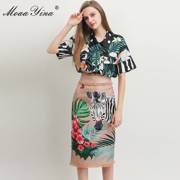 

moaayina fashion designer set spring summer women short sleeve green leaf print shirt +tassel skirt two-piece set t200702, White